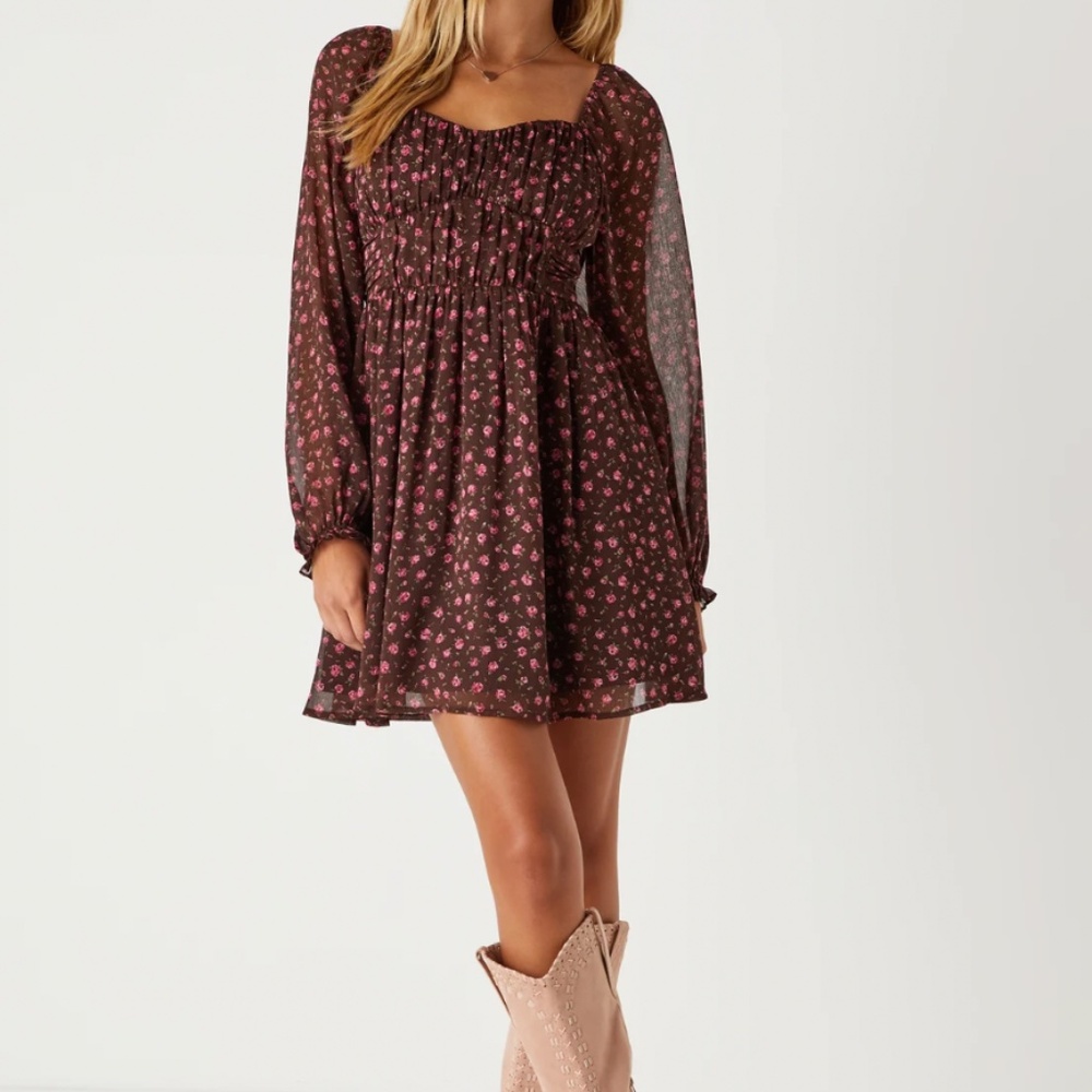Perfect Afternoon Brown Floral Chiffon Skater Mini Dress